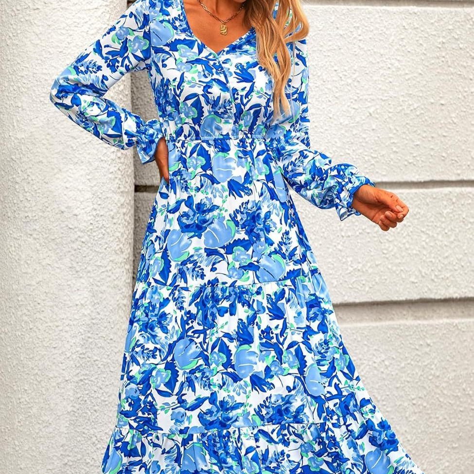 Floral Print V - Neck Midi Dress | Long Sleeve Elastic Waist Dress(MS271) - Mariam's Collection