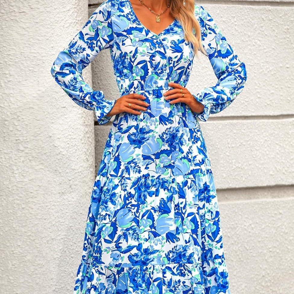 Floral Print V - Neck Midi Dress | Long Sleeve Elastic Waist Dress(MS271) - Mariam's Collection