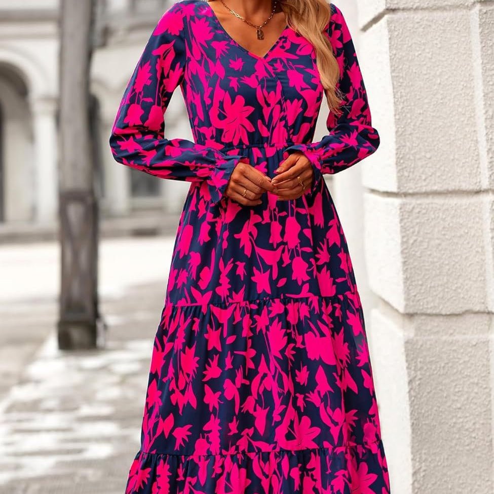 Floral Print V - Neck Midi Dress | Long Sleeve Elastic Waist Dress(MS271) - Mariam's Collection