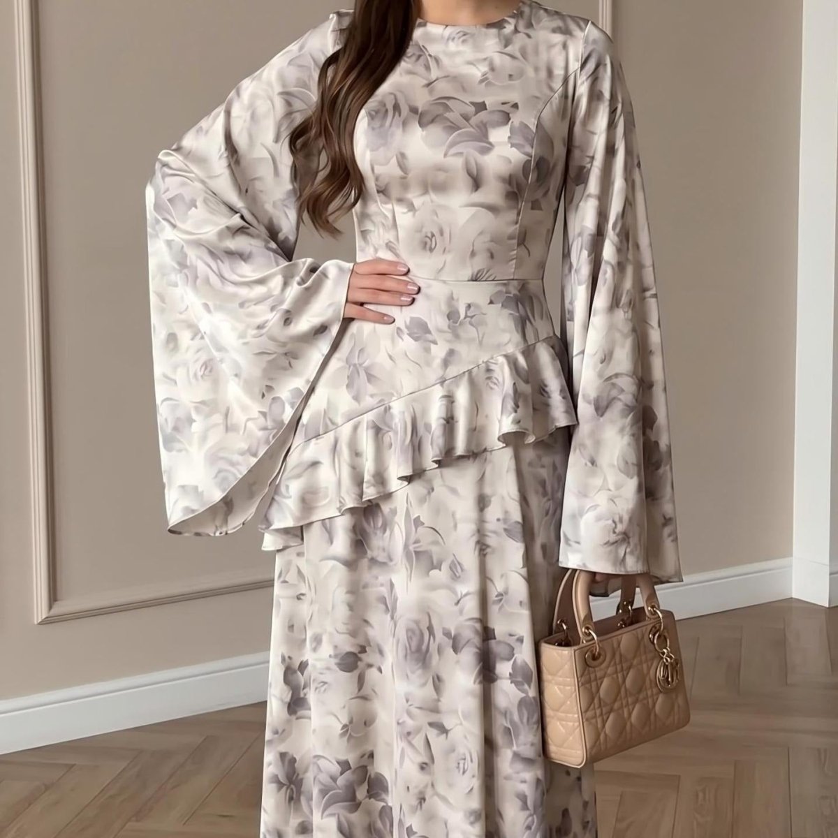 Asymmetric double ruffle waist detail on ivory satin floral maxi dress