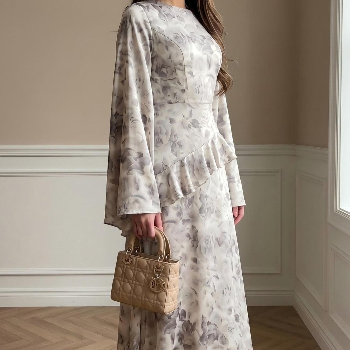Floral Satin Maxi Dress – Watercolour Rose Bell Sleeve Dress