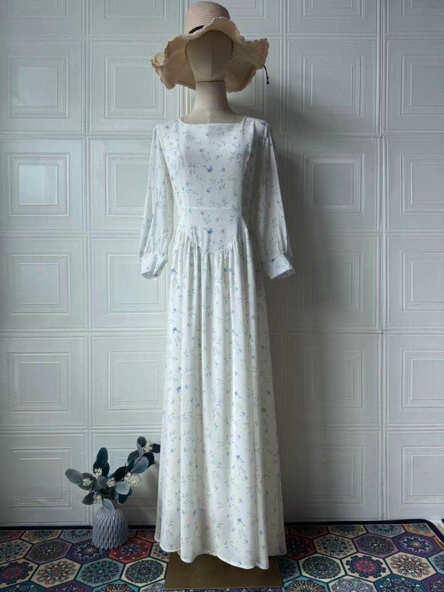 Floral Square Neck Maxi Dress Cottagecore Lace - Up Bustier Dress with Puff Sleeves & Pleated Skirt. (MA234) - Mariam's Collection