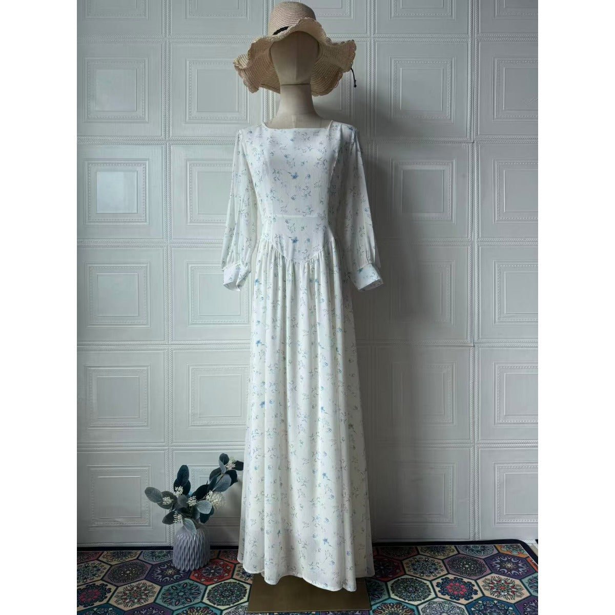 Floral Square Neck Maxi Dress Cottagecore Lace - Up Bustier Dress with Puff Sleeves & Pleated Skirt. (MA234) - Mariam's Collection
