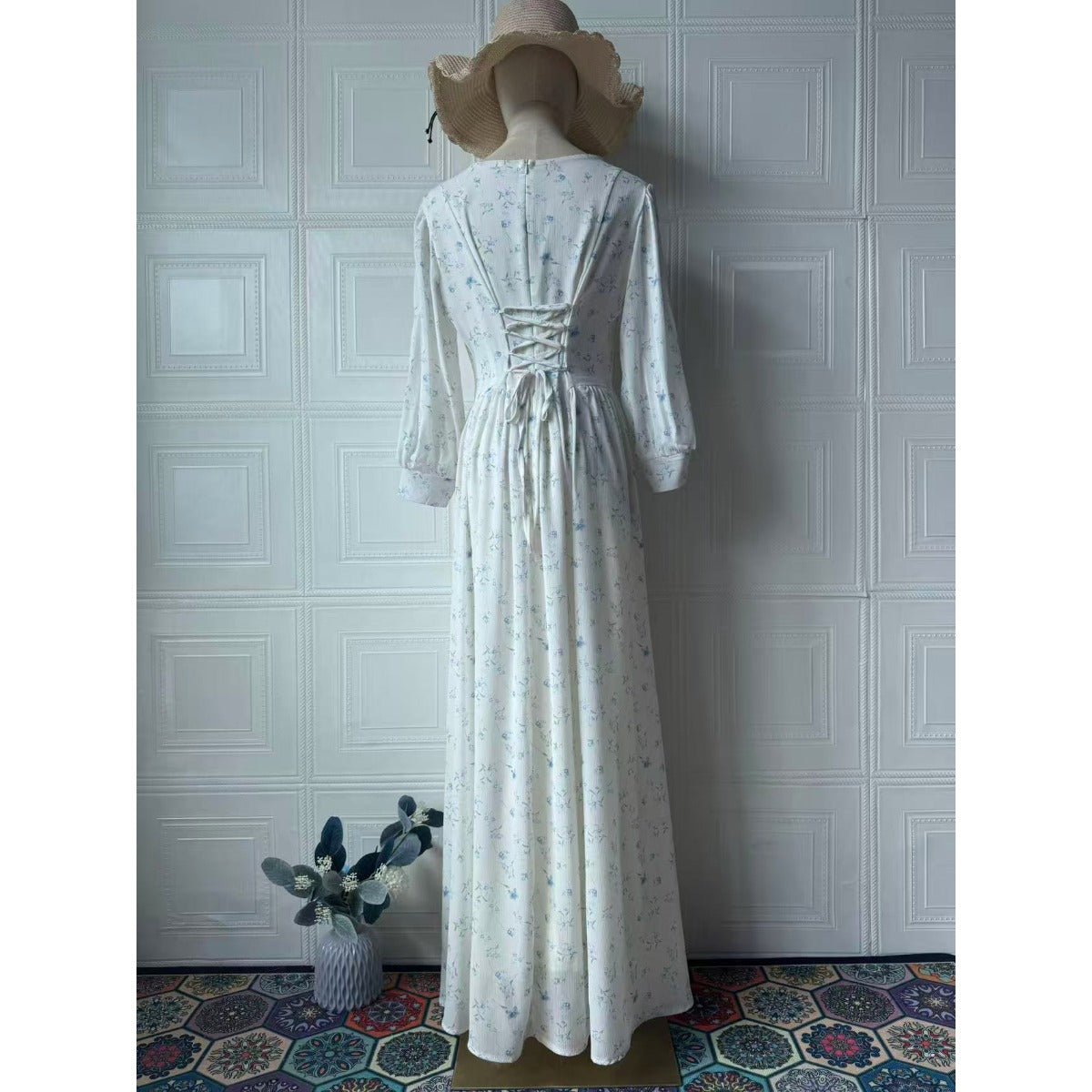 Floral Square Neck Maxi Dress Cottagecore Lace - Up Bustier Dress with Puff Sleeves & Pleated Skirt. (MA234) - Mariam's Collection