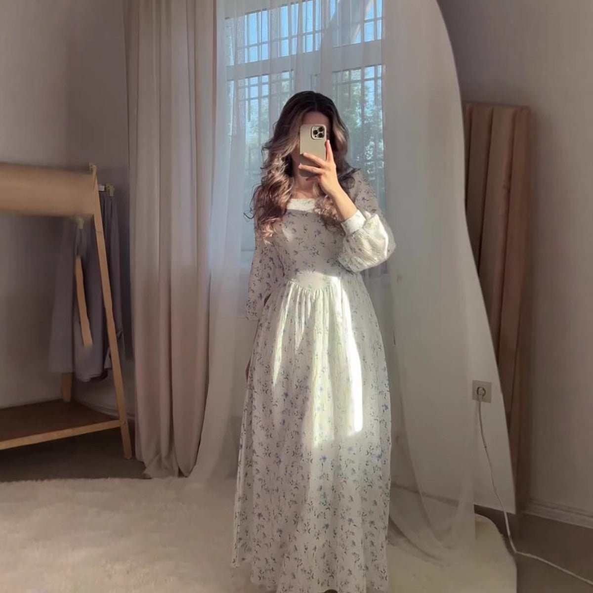 Floral Square Neck Maxi Dress Cottagecore Lace-Up Bustier Dress with Puff Sleeves & Pleated Skirt (MA234) White / XL Floral Square Neck Maxi Dress Cottagecore Lace-Up Bustier Dress with Puff Sleeves & Pleated Skirt (MA234) White / XL