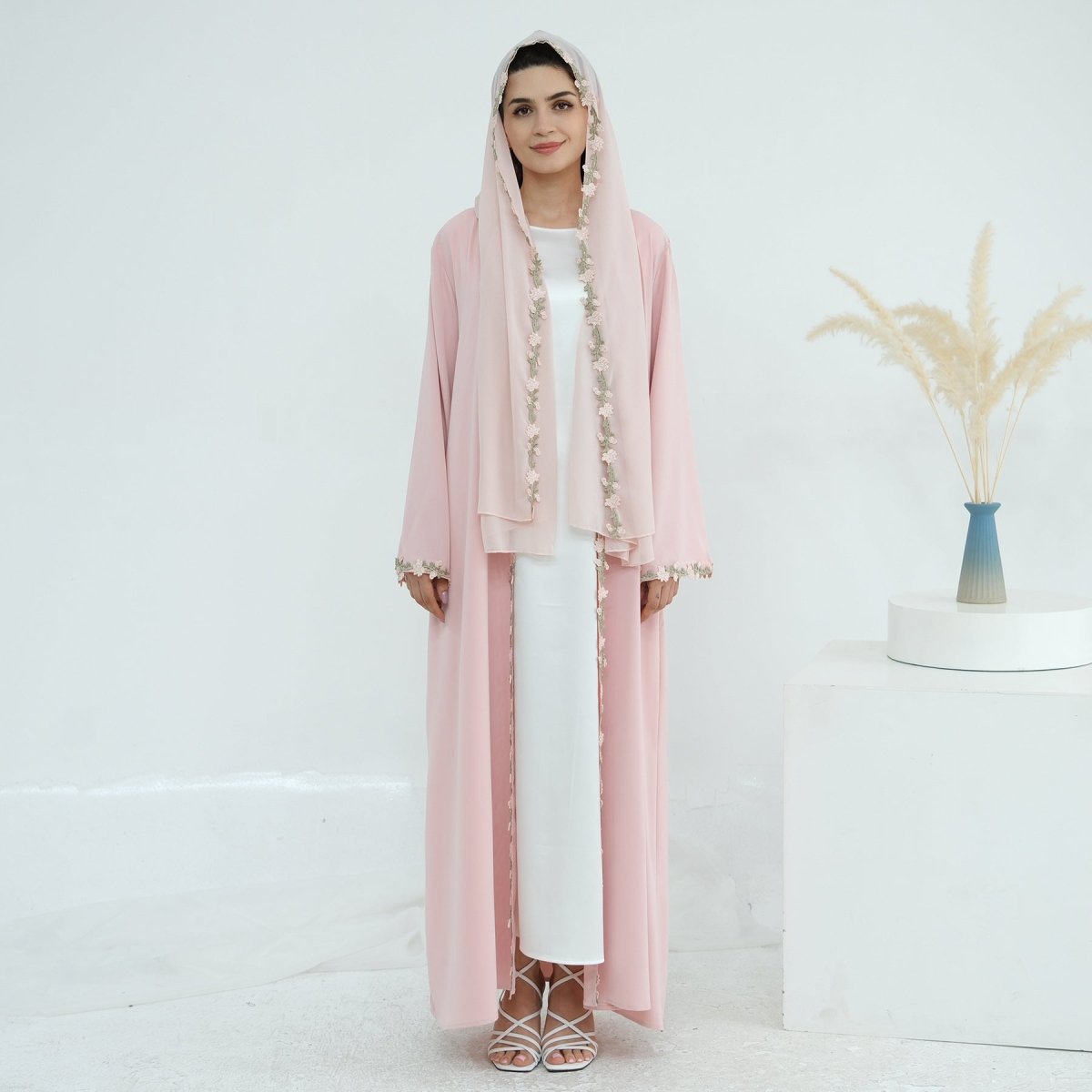 Floral Trim Abaya & Hijab Set(MOA254) - Mariam's Collection