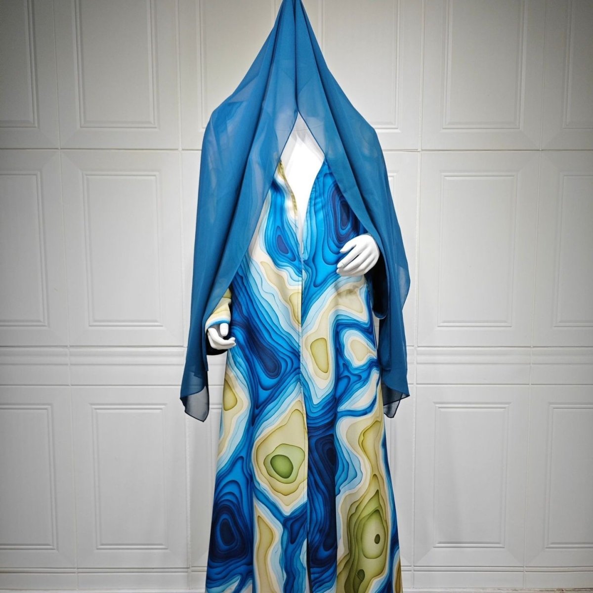 Fluid Topographic Print Open Abaya & Matching Hijab Set(MOA331) - Mariam's Collection
