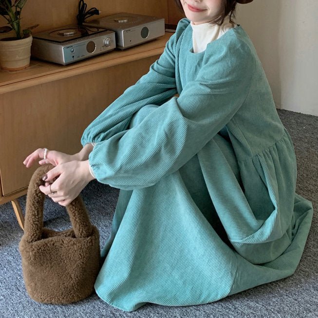 French Corduroy Lantern Sleeve Maxi Dress | Elastic Cuff Gathered Dress(MS206) - Mariam's Collection