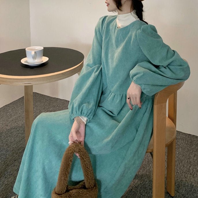 French Corduroy Lantern Sleeve Maxi Dress | Elastic Cuff Gathered Dress(MS206) - Mariam's Collection