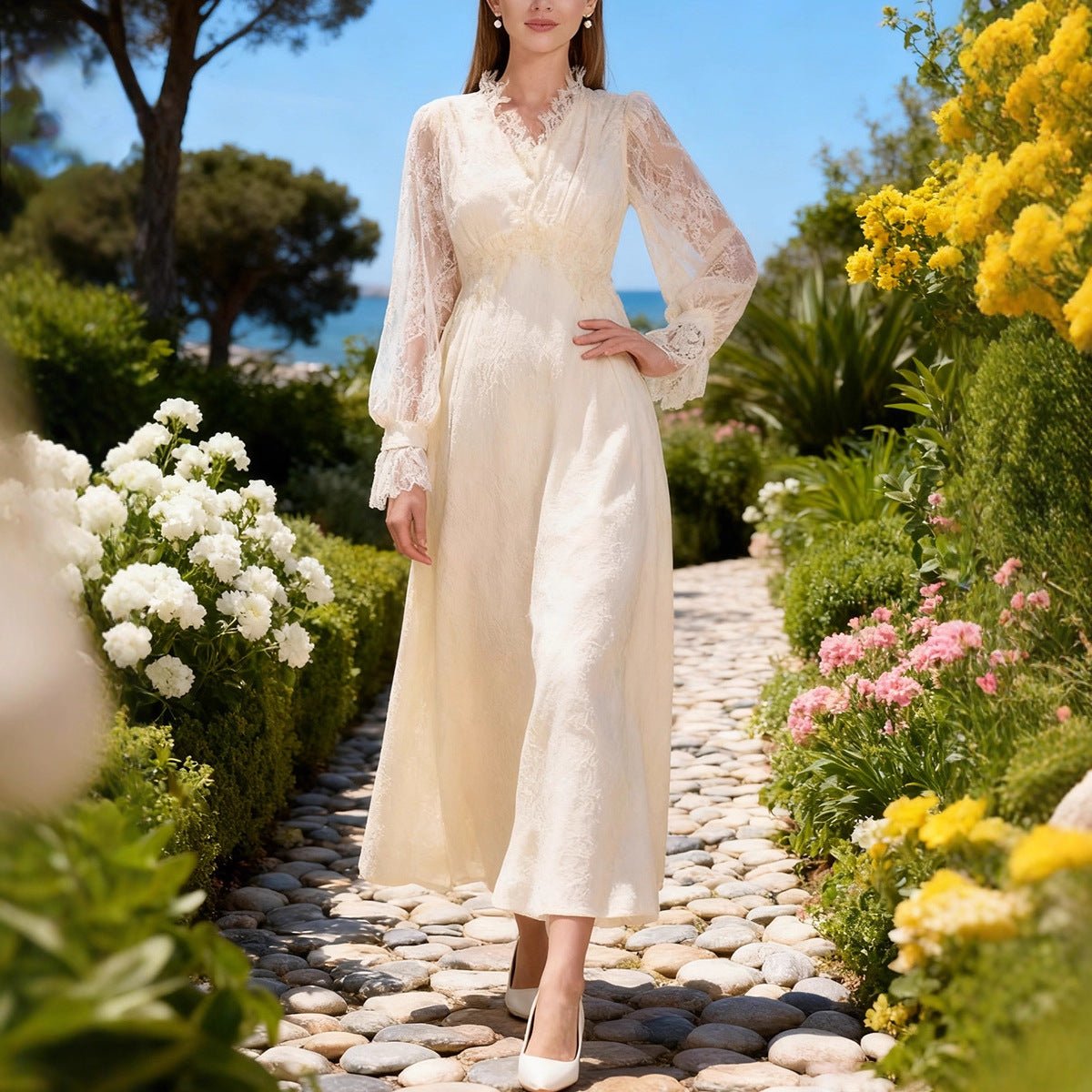 French Lace V-Neck Maxi Dress  Elegant Lace Party Dress