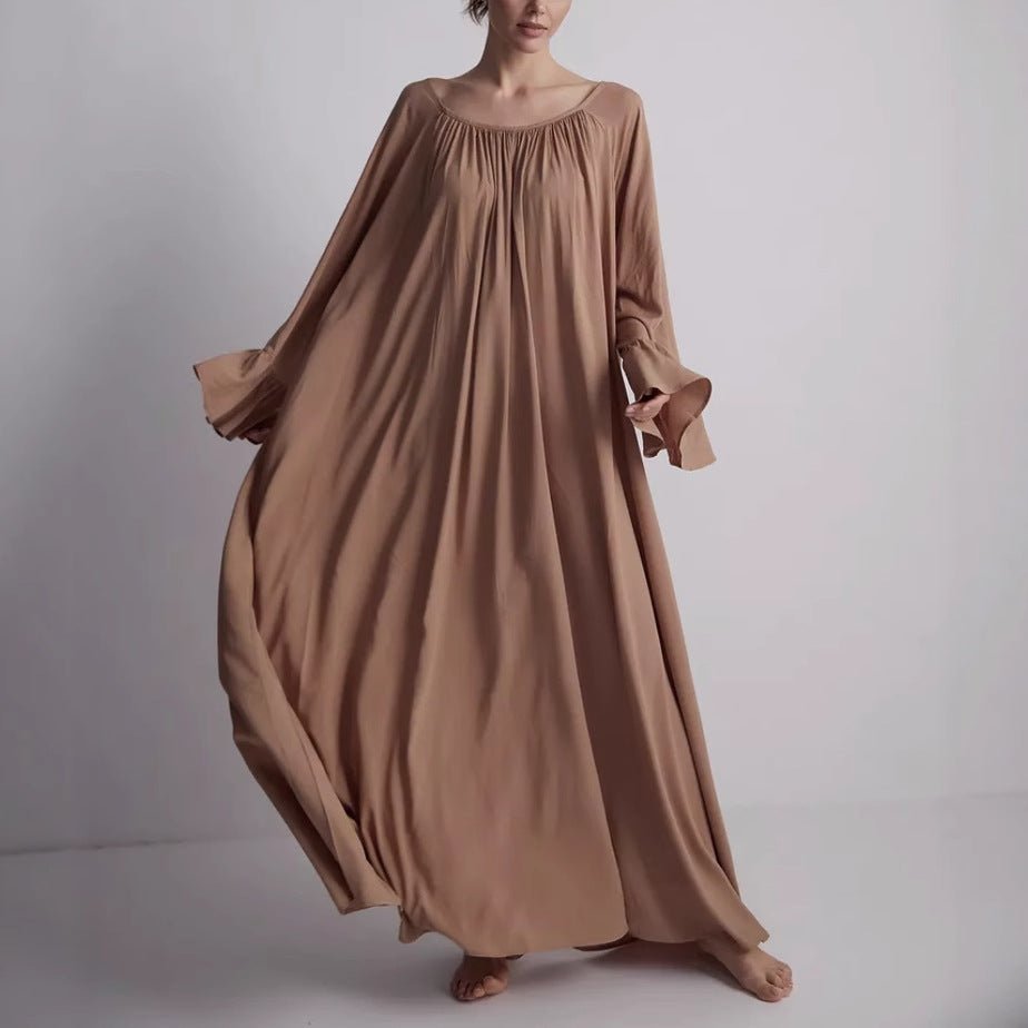 maxi dress loungewear French Loungewear Maxi Dress with Ruffle Cuffs(MA397) Brown / Free Size