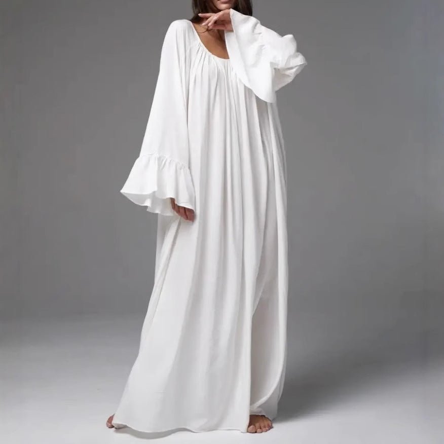 French Loungewear Maxi Dress with Ruffle Cuffs(MA397) - Mariam's Collection