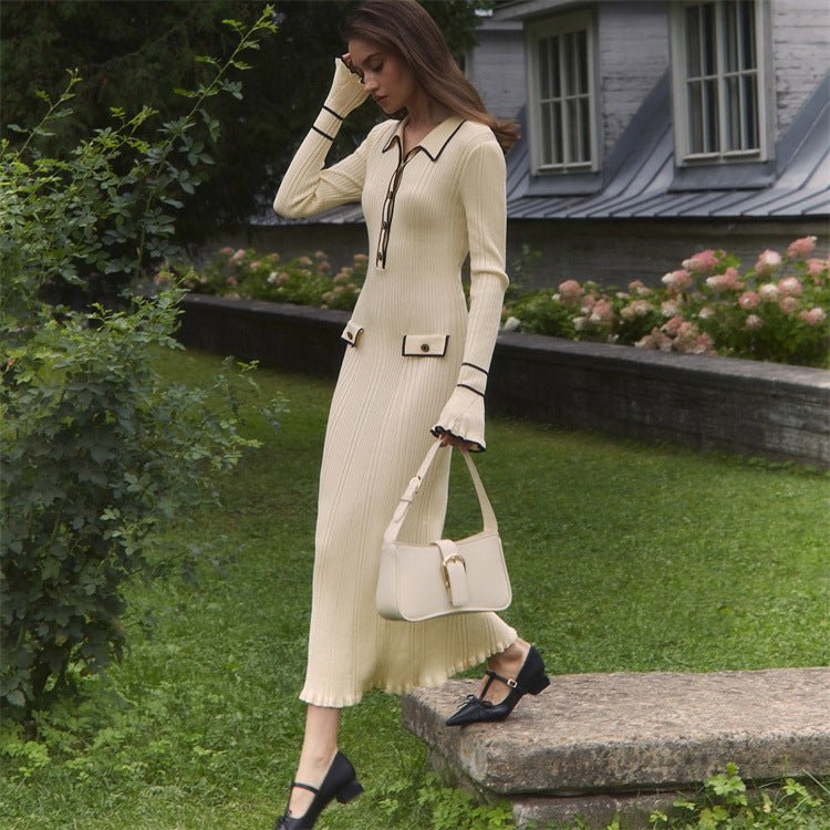 French Luxury Ruffle Trim Knit Dress | Collared Midi Sweater Dress(MS199) - Mariam's Collection