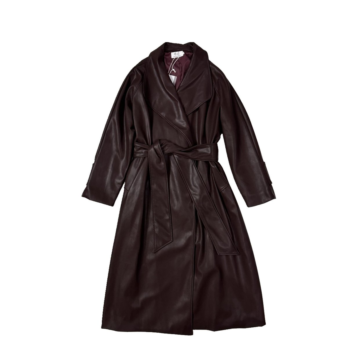 French Style Leather Trench Coat | Wide Lapel Belted Mid - Length Jacket(MS144) - Mariam's Collection