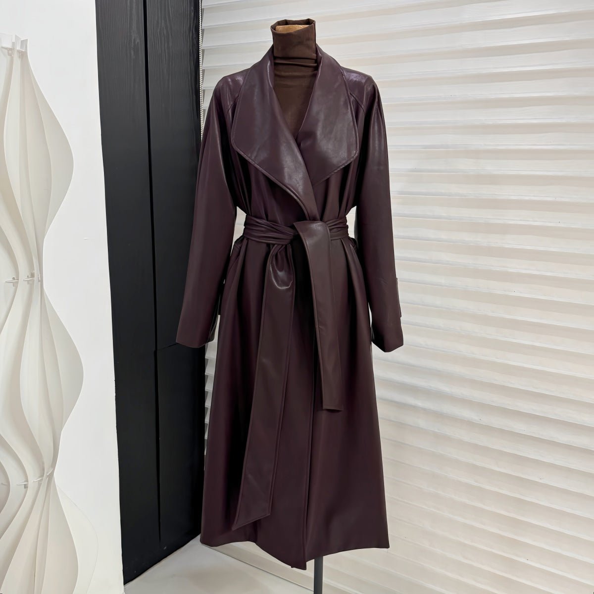 French Style Leather Trench Coat | Wide Lapel Belted Mid - Length Jacket(MS144) - Mariam's Collection