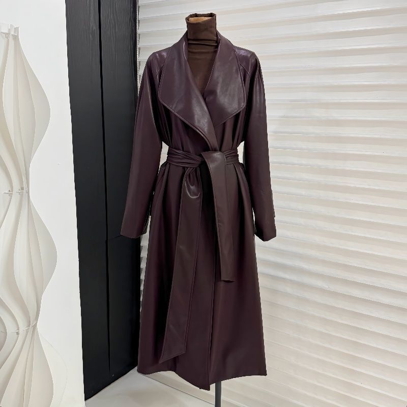 French Style Leather Trench Coat | Wide Lapel Belted Mid - Length Jacket(MS144) - Mariam's Collection