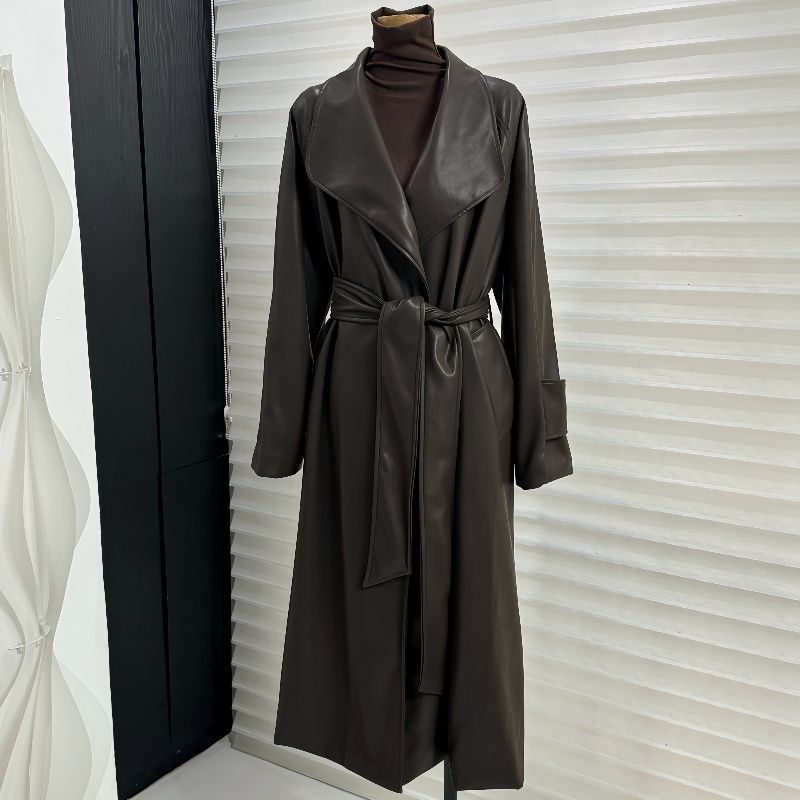 French Style Leather Trench Coat | Wide Lapel Belted Mid-Length Jacket
