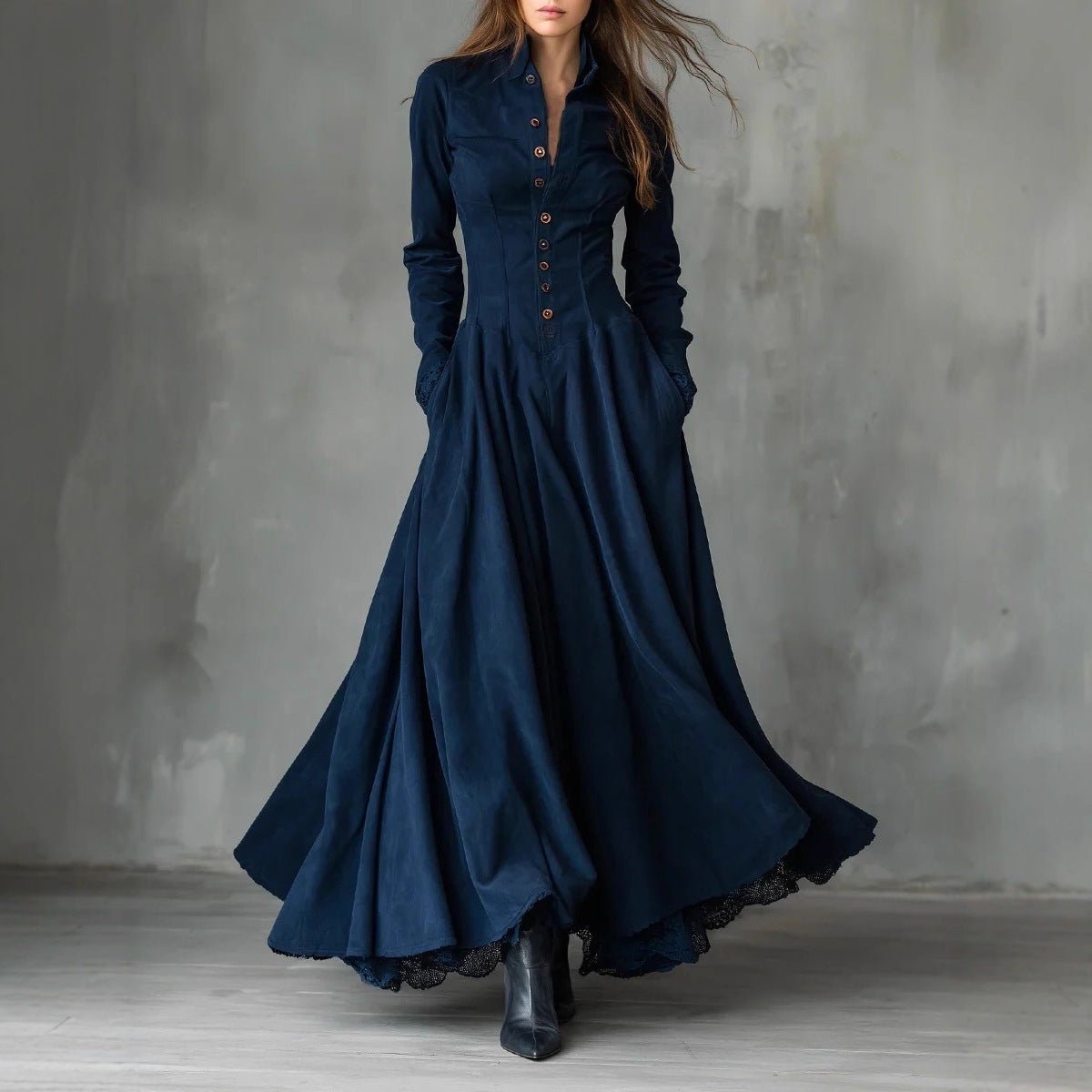 vintage french dress French Vintage Button-Front Dress with Lace Hem(MS329)