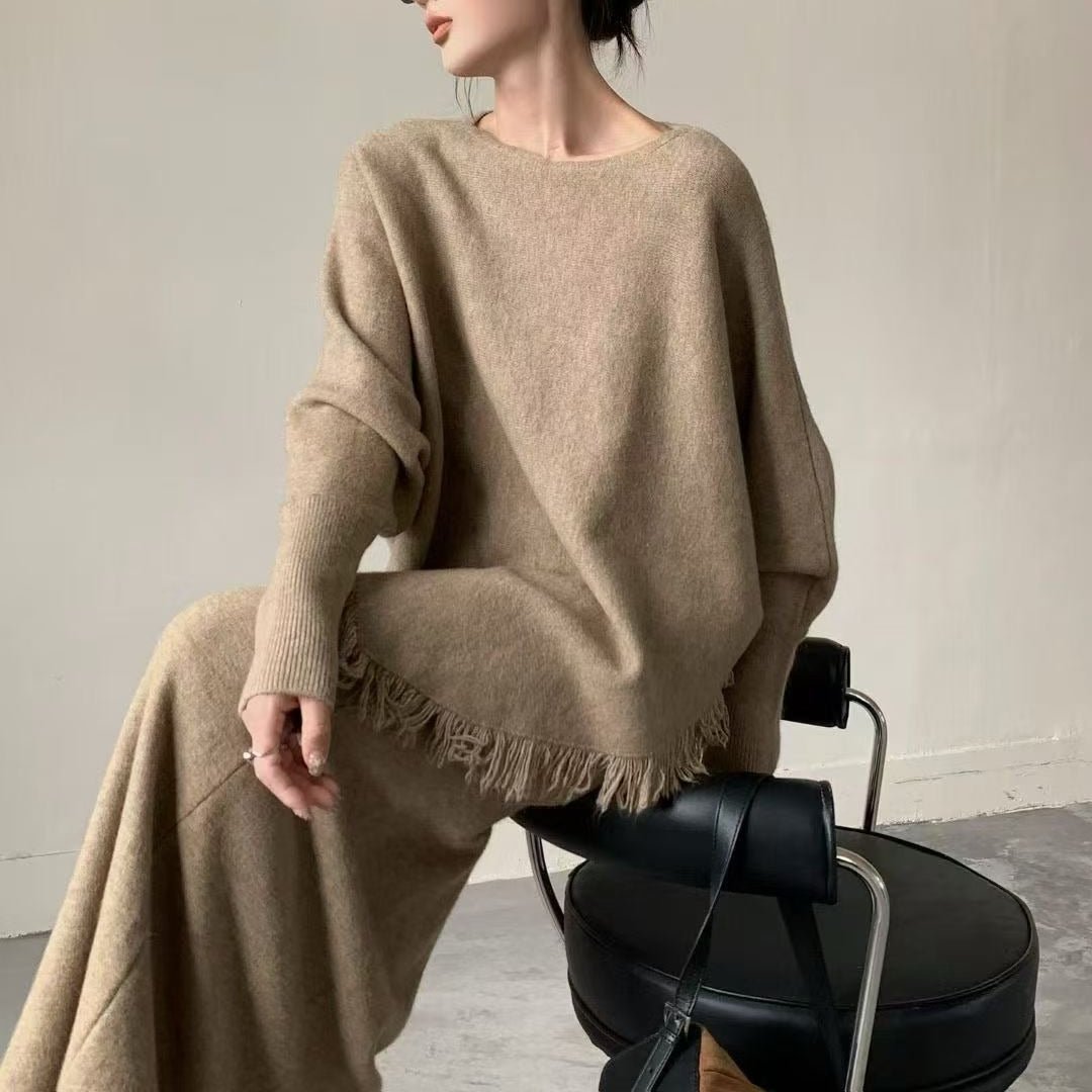 Fringed Knit Batwing Sleeve Sweater & Skirt Set(MS172) - Mariam's Collection