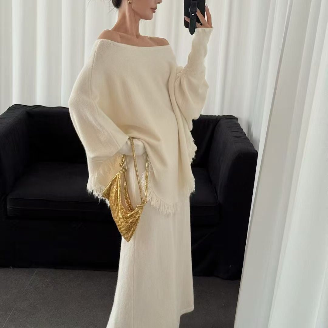 Fringed Knit Batwing Sleeve Sweater & Skirt Set(MS172) - Mariam's Collection