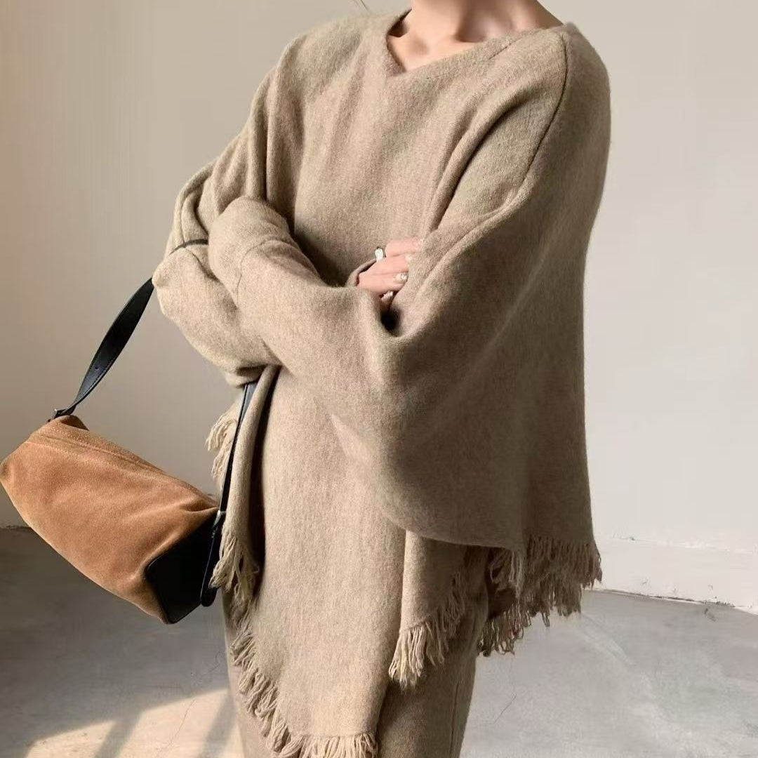 Fringed Knit Batwing Sleeve Sweater & Skirt Set(MS172) - Mariam's Collection