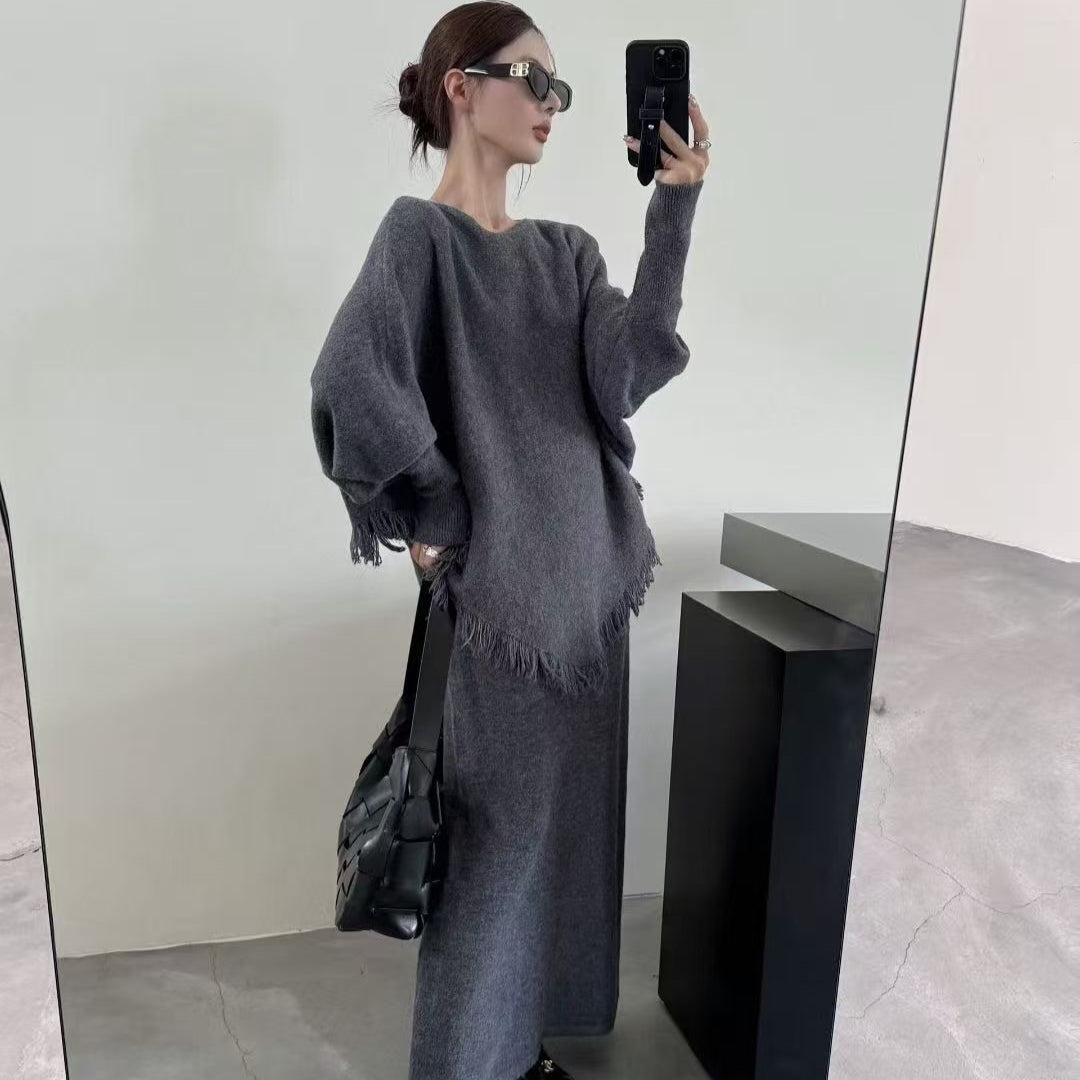 Fringed Knit Batwing Sleeve Sweater & Skirt Set(MS172) - Mariam's Collection
