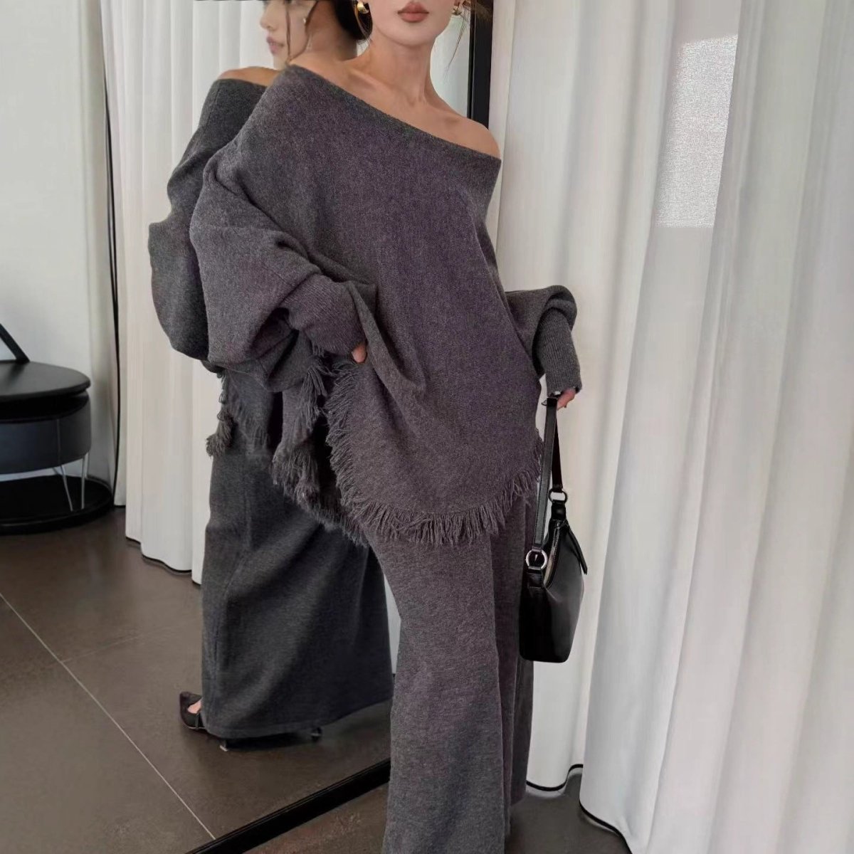 Fringed Knit Set With Batwing Sleeve Sweater And Midi Skirt