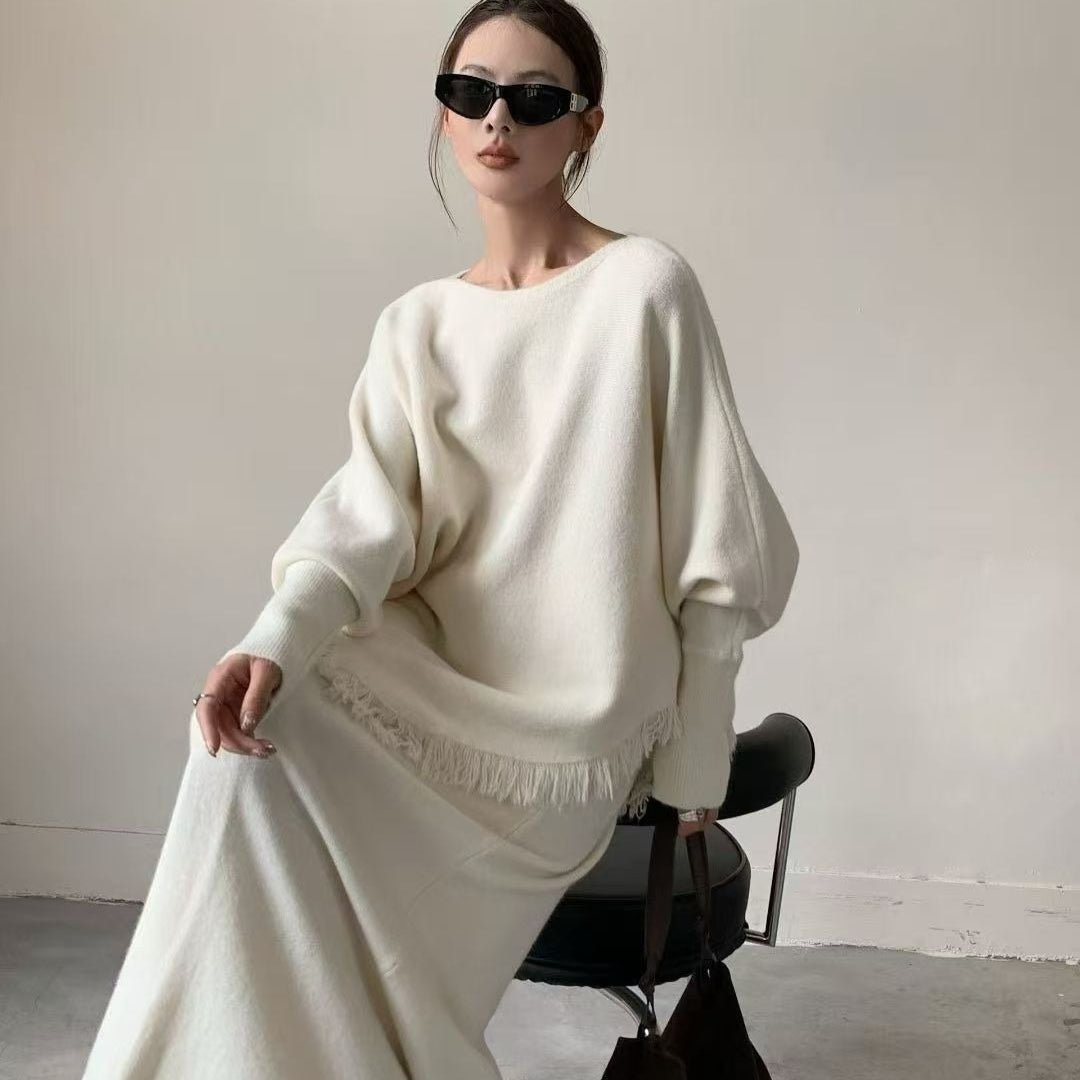 Fringed Knit Batwing Sleeve Sweater & Skirt Set(MS172) - Mariam's Collection