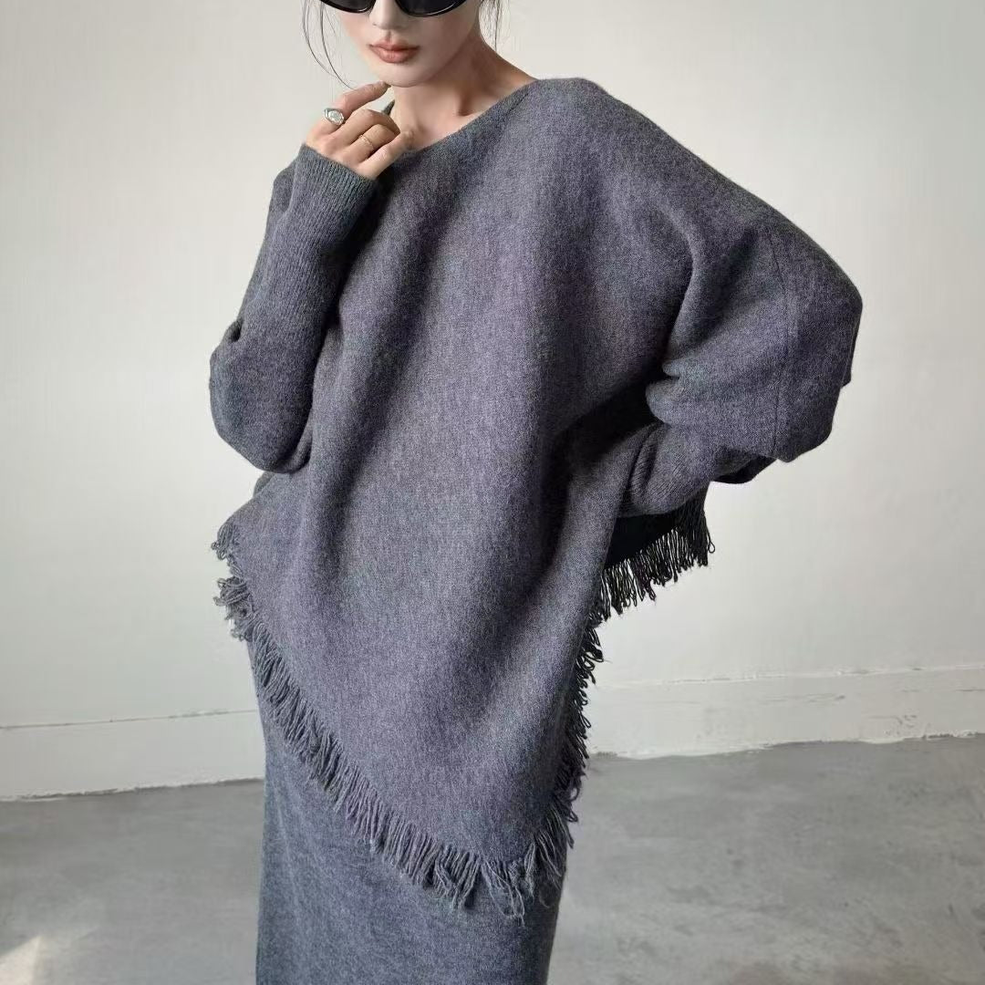 Fringed Knit Batwing Sleeve Sweater & Skirt Set(MS172) - Mariam's Collection