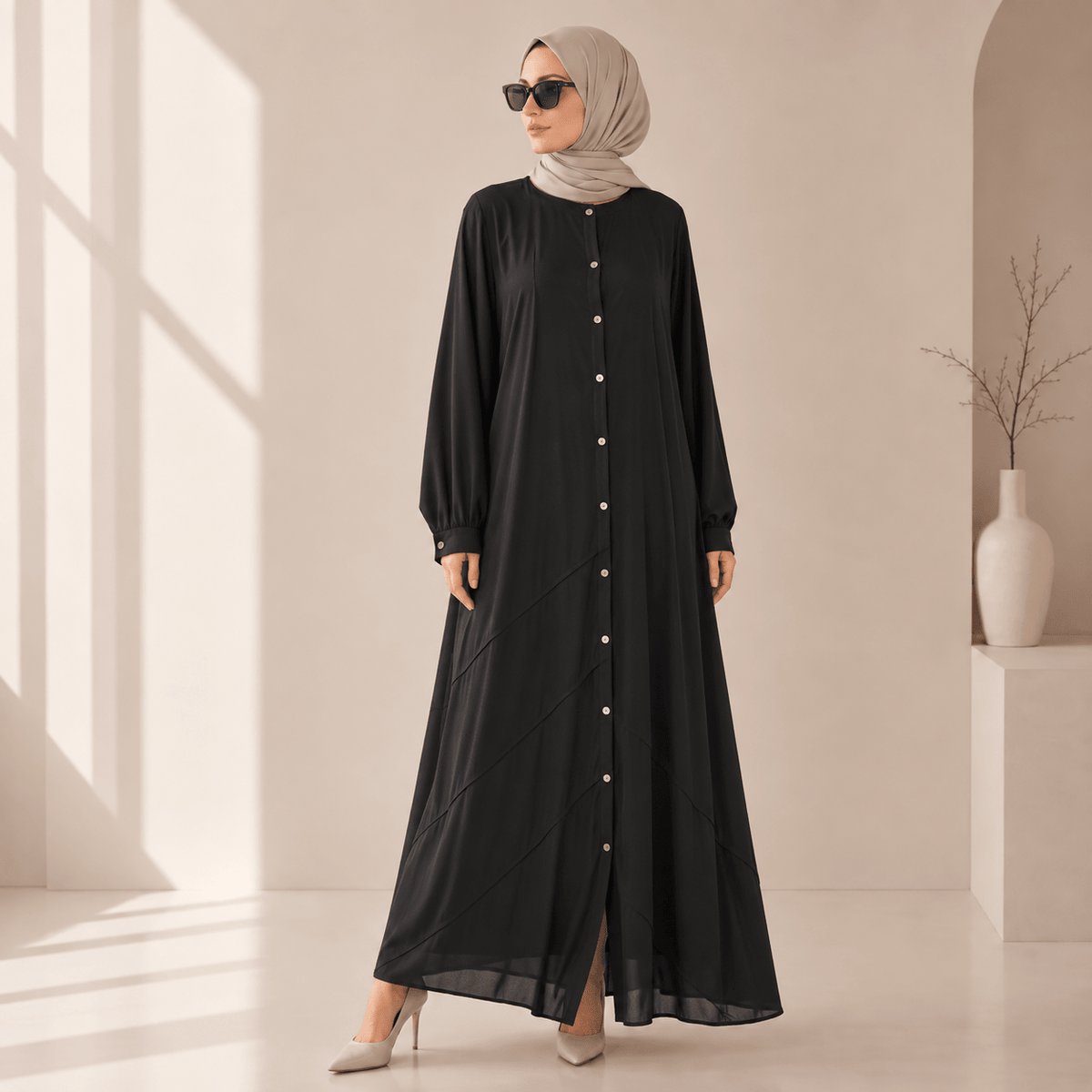Full Button-Front Abaya Dress with Pockets - MP077 - Mariam's Collection
