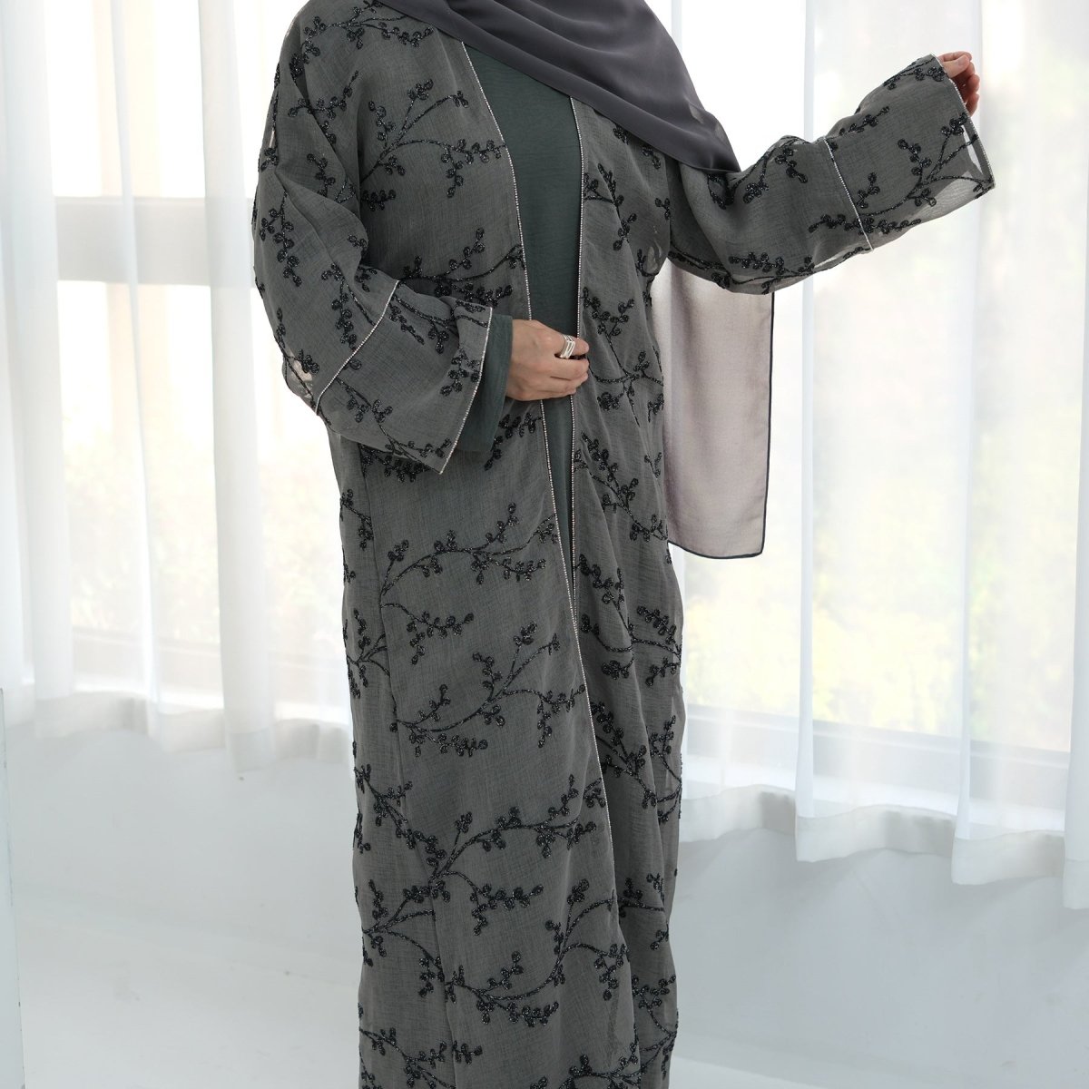 Fully Embroidered Abaya Set | Crystal Trim Vine Pattern Cardigan & Dress(MOA262) - Mariam's Collection