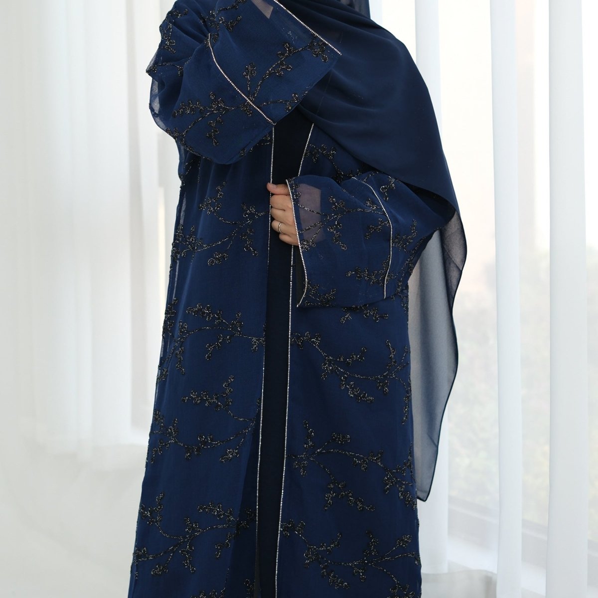 Fully Embroidered Abaya Set | Crystal Trim Vine Pattern Cardigan & Dress(MOA262) - Mariam's Collection