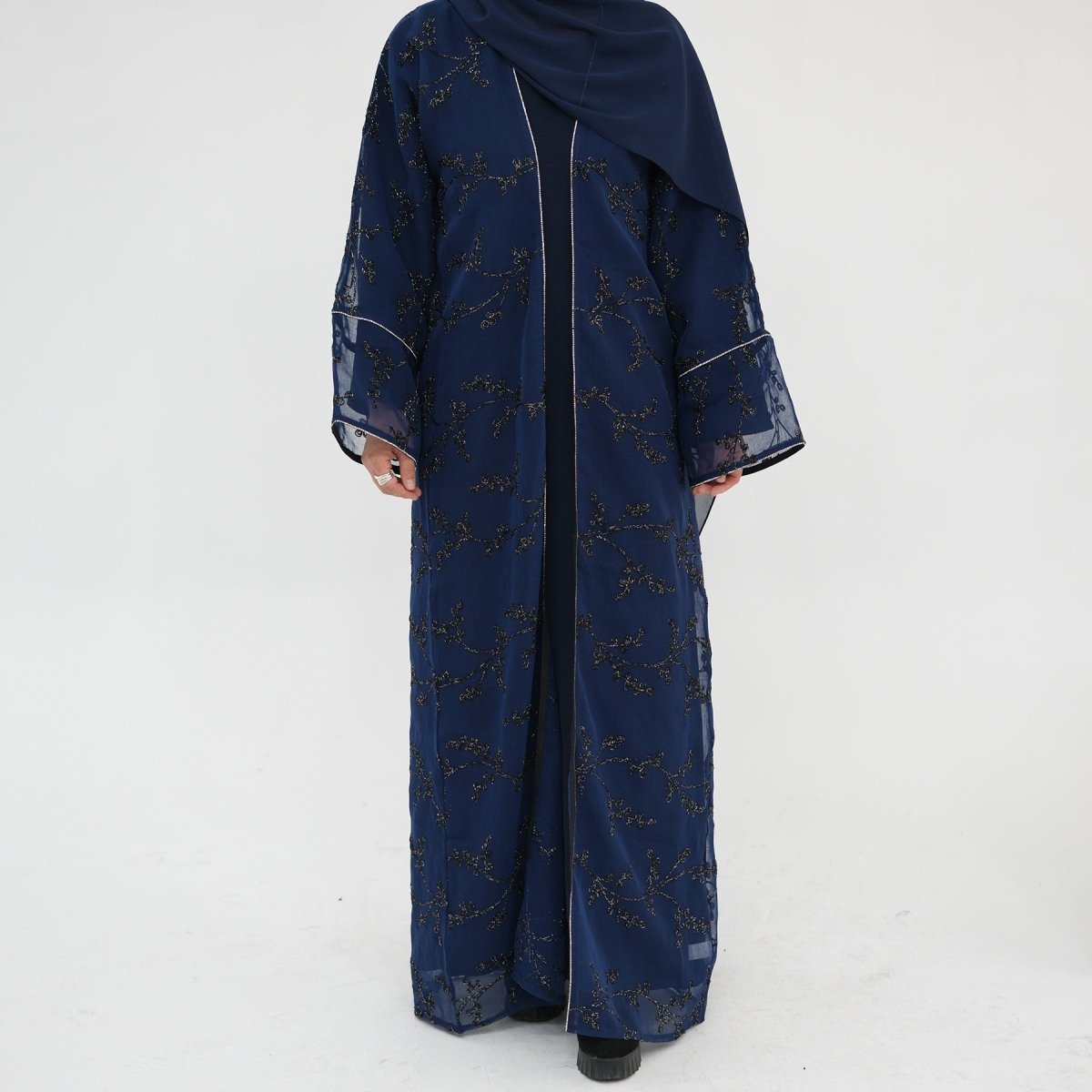 Fully Embroidered Abaya Set | Crystal Trim Vine Pattern Cardigan & Dress