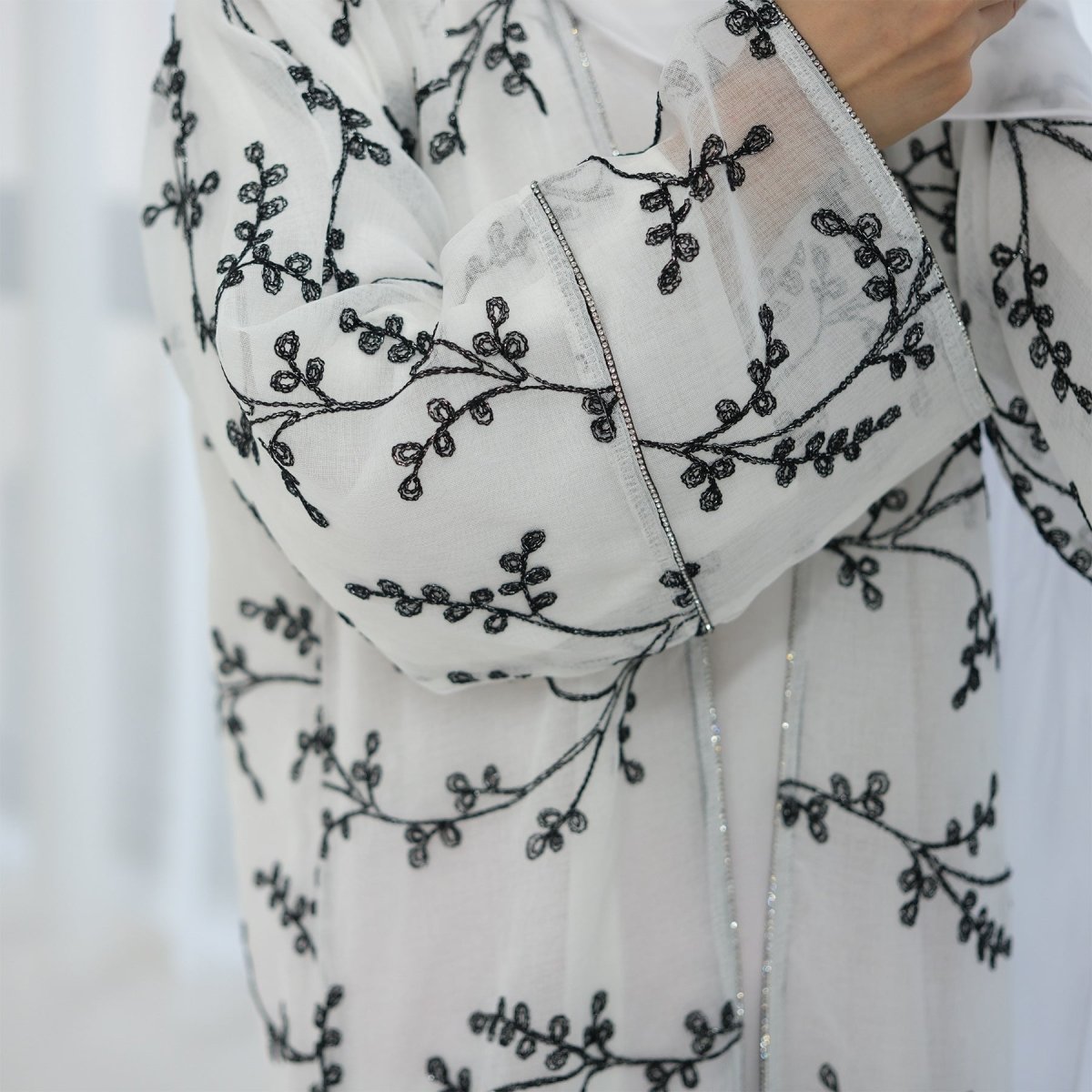 Fully Embroidered Abaya Set | Crystal Trim Vine Pattern Cardigan & Dress(MOA262) - Mariam's Collection