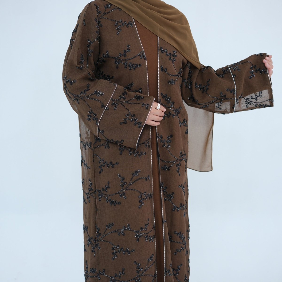 Fully Embroidered Abaya Set | Crystal Trim Vine Pattern Cardigan & Dress