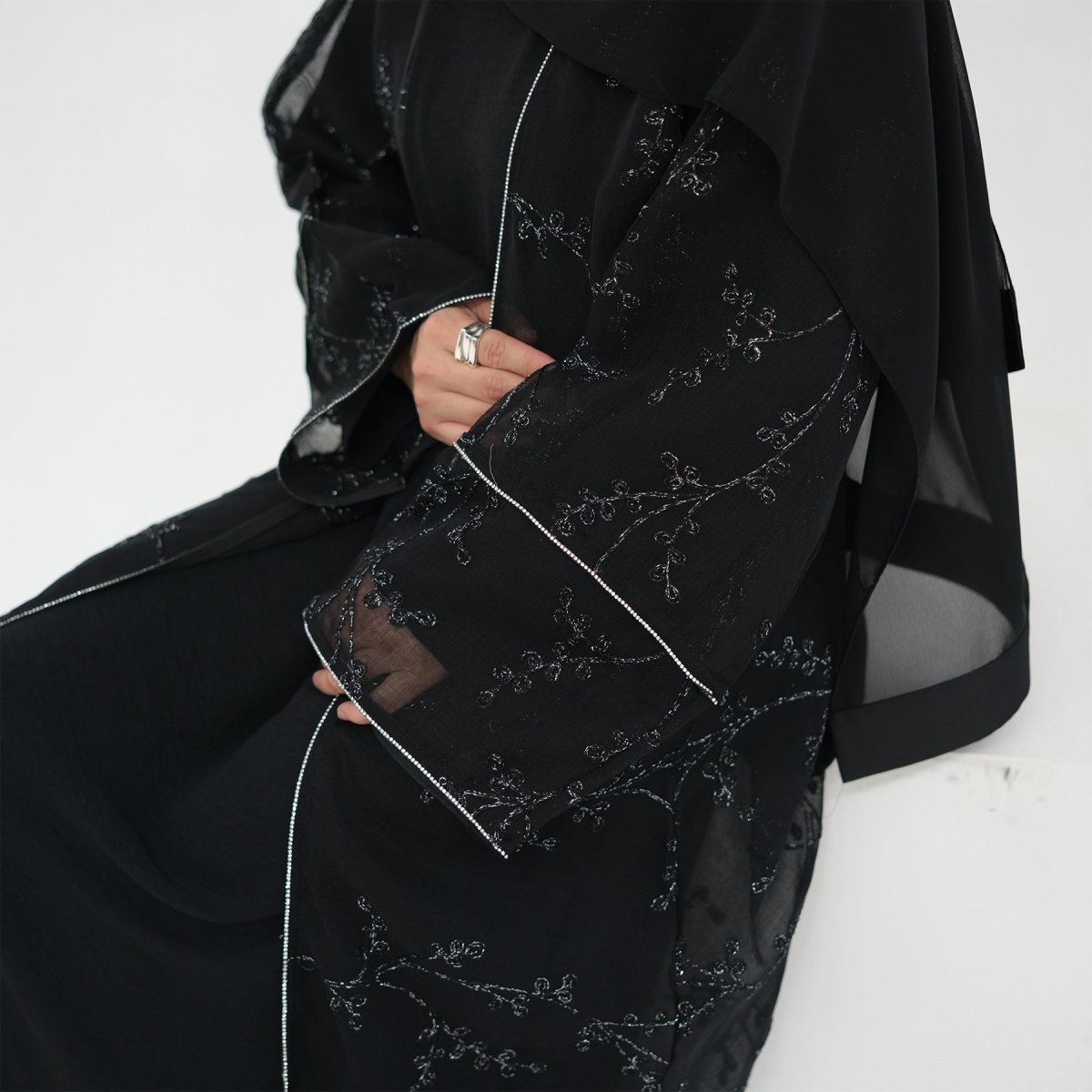 Fully Embroidered Abaya Set | Crystal Trim Vine Pattern Cardigan & Dress(MOA262) - Mariam's Collection