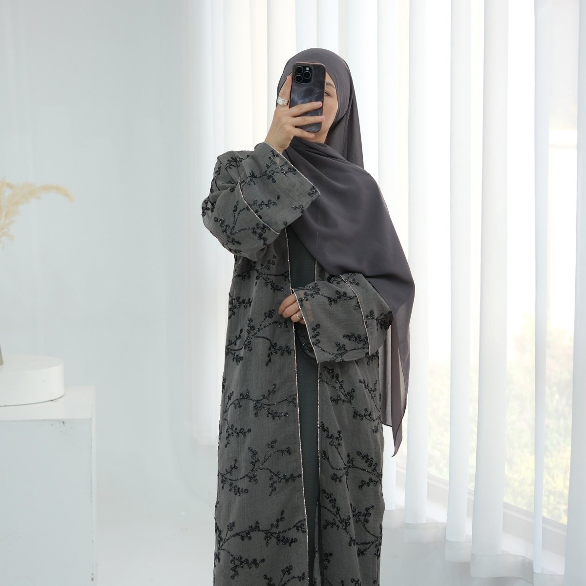Fully Embroidered Abaya Set | Crystal Trim Vine Pattern Cardigan & Dress(MOA262) - Mariam's Collection