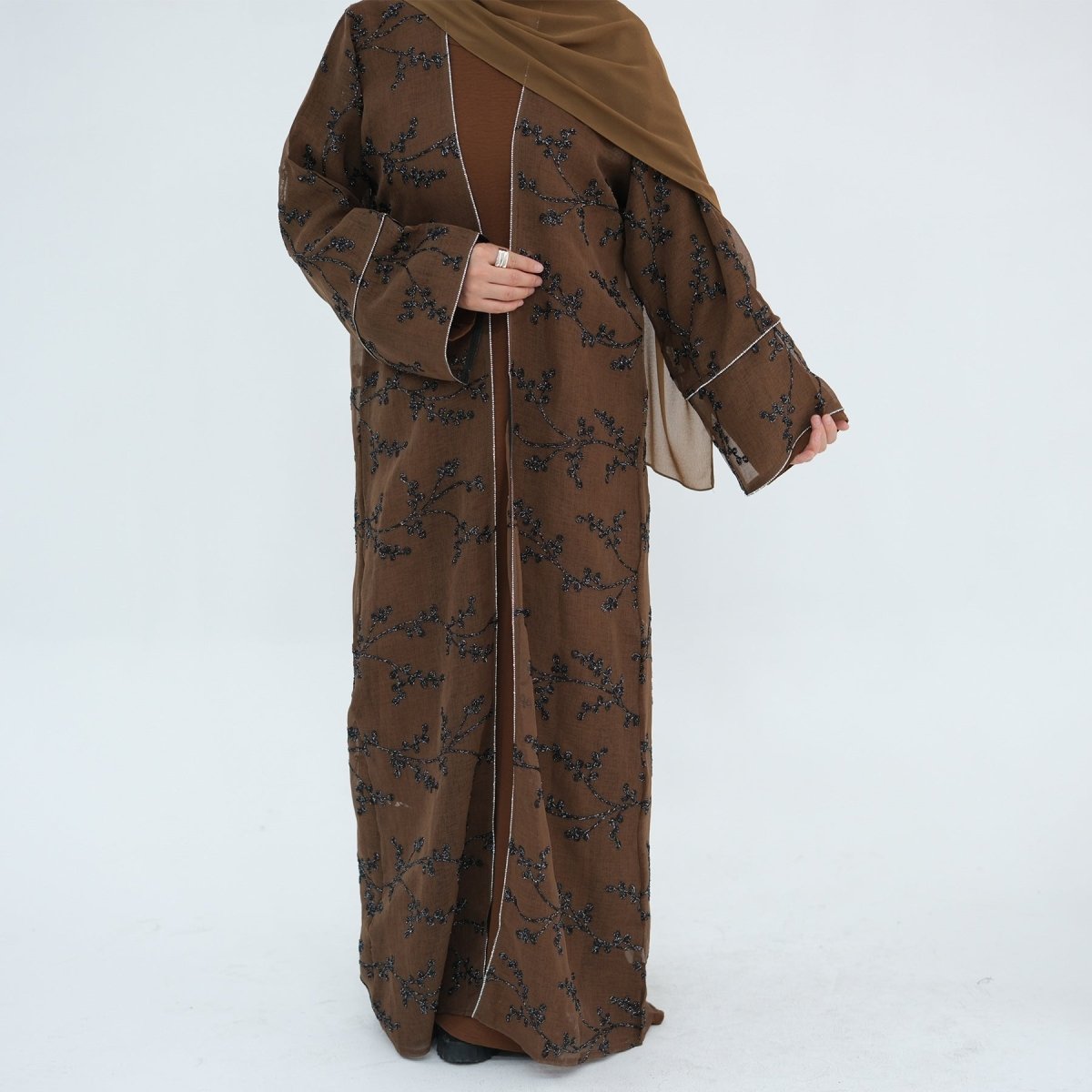 Fully Embroidered Abaya Set | Crystal Trim Vine Pattern Cardigan & Dress(MOA262) - Mariam's Collection
