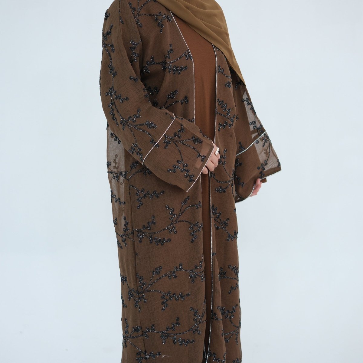 Fully Embroidered Abaya Set | Crystal Trim Vine Pattern Cardigan & Dress(MOA262) - Mariam's Collection