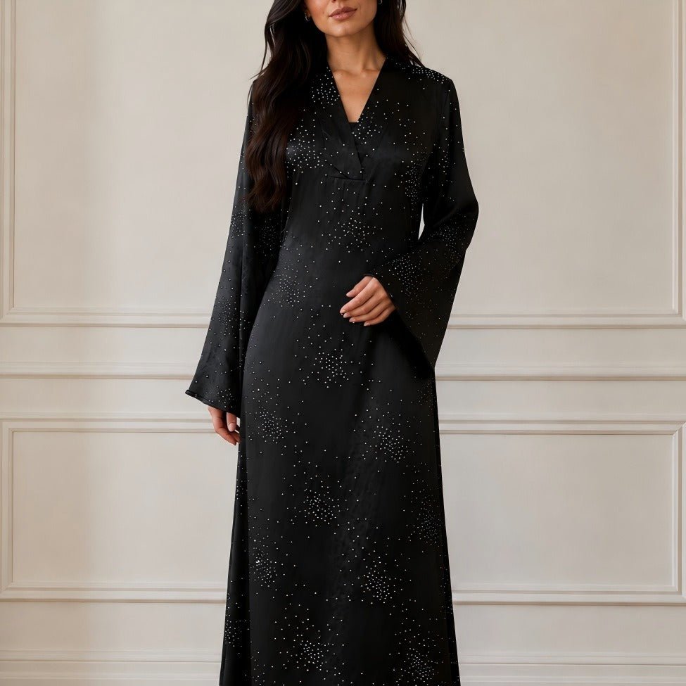 Galaxy Rhinestone Maxi Dress – Flared Sleeve Evening Dress