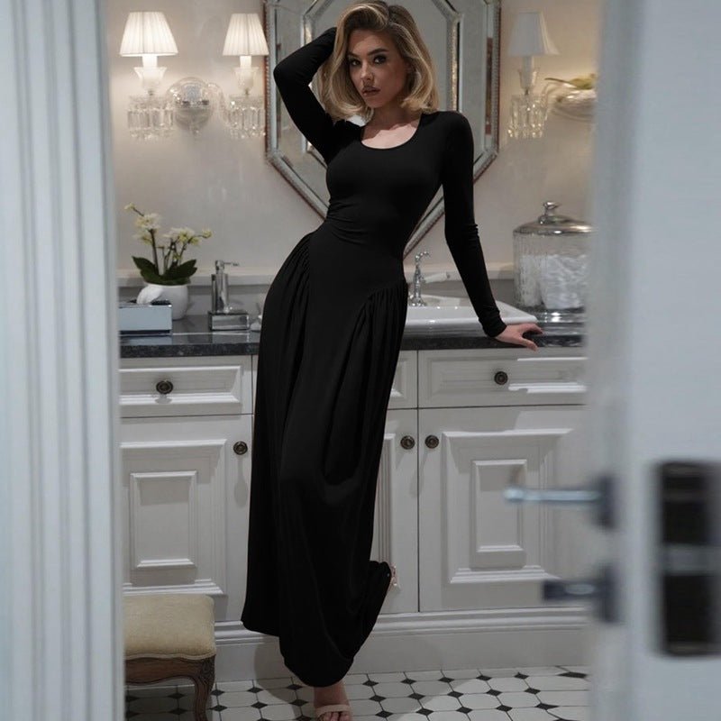 Gathered Waist Maxi Dress | U - Neck Long Sleeve Modal Dress(MS232) - Mariam's Collection