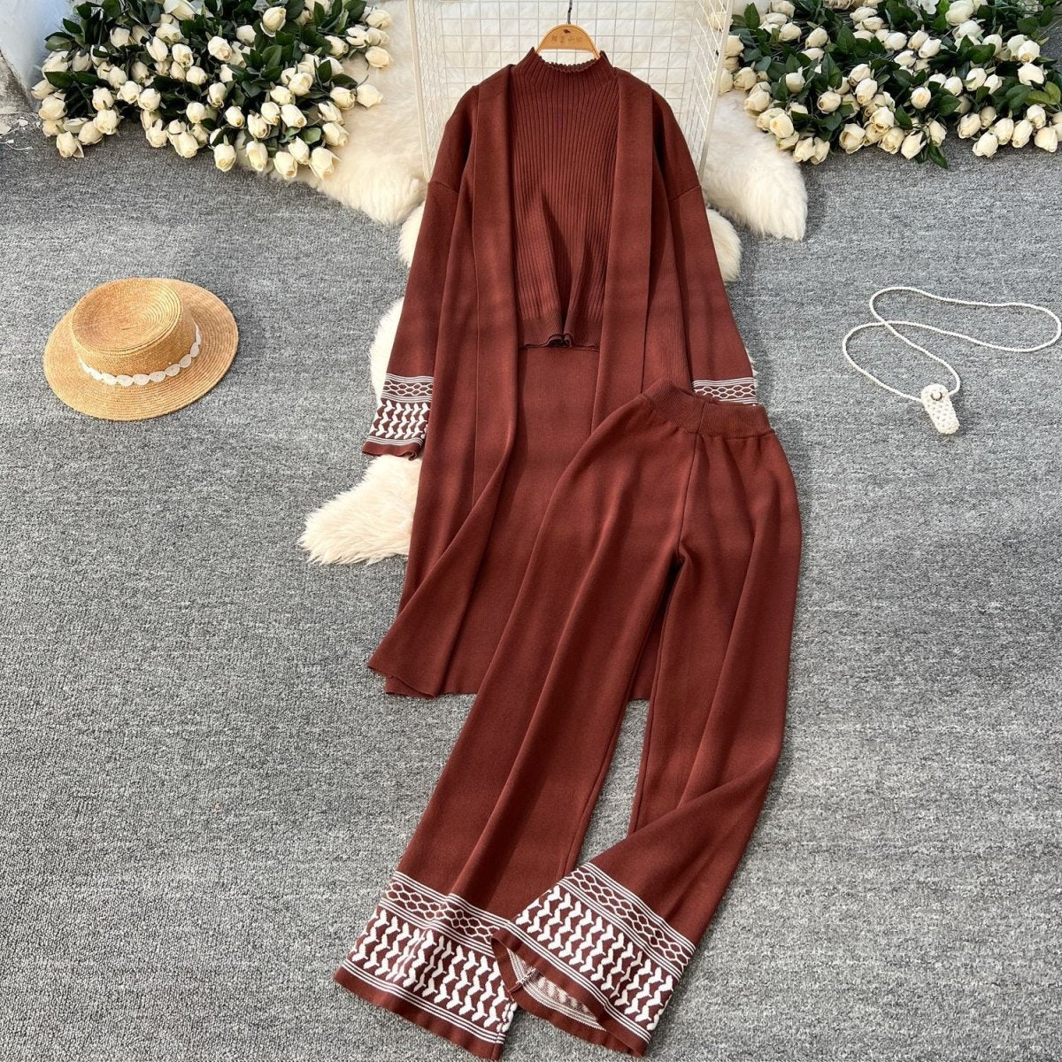 Geometric Jacquard-Trim Ribbed Knit 3-Piece Set(MS471) - Mariam's Collection