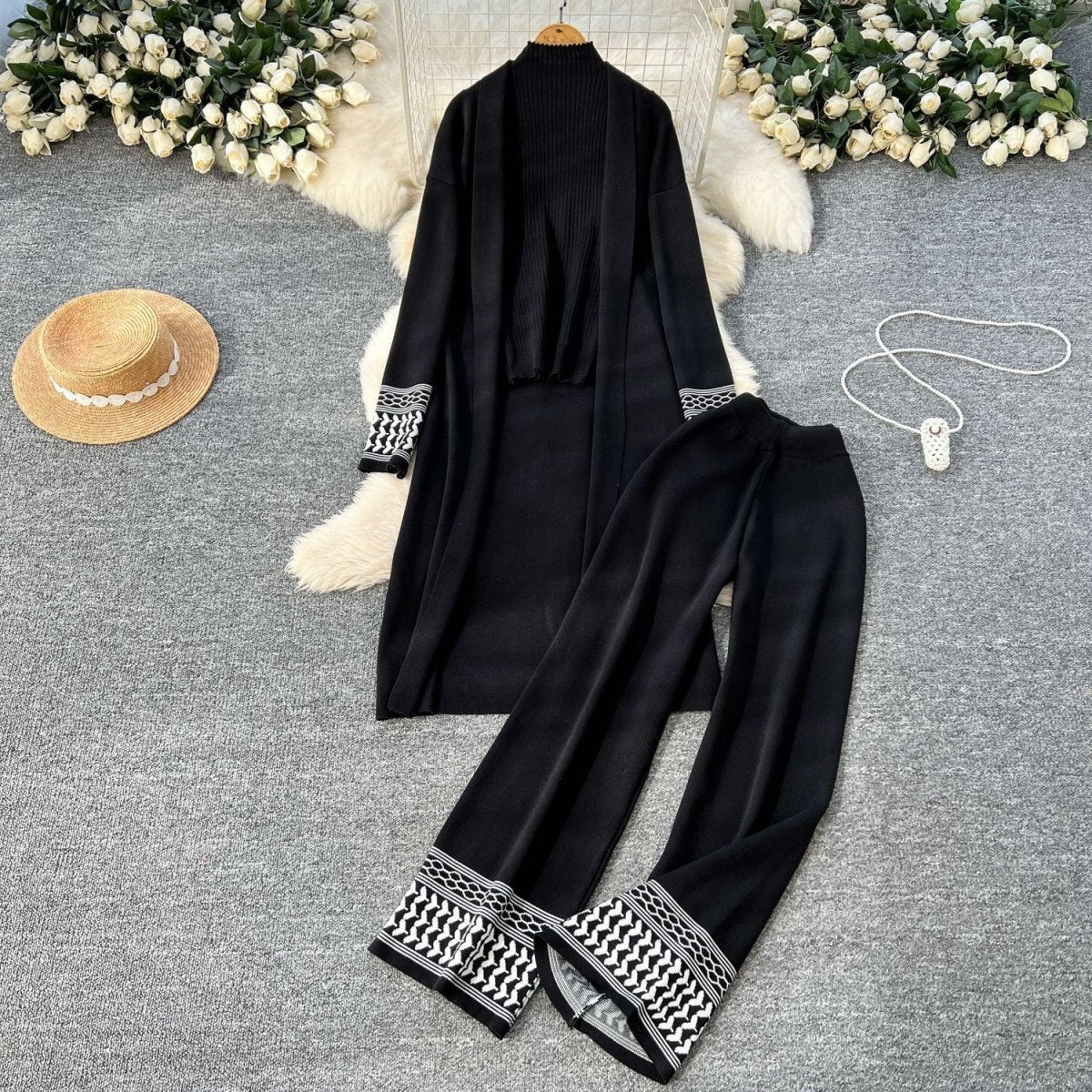 Geometric Jacquard-Trim Ribbed Knit 3-Piece Set(MS471) - Mariam's Collection
