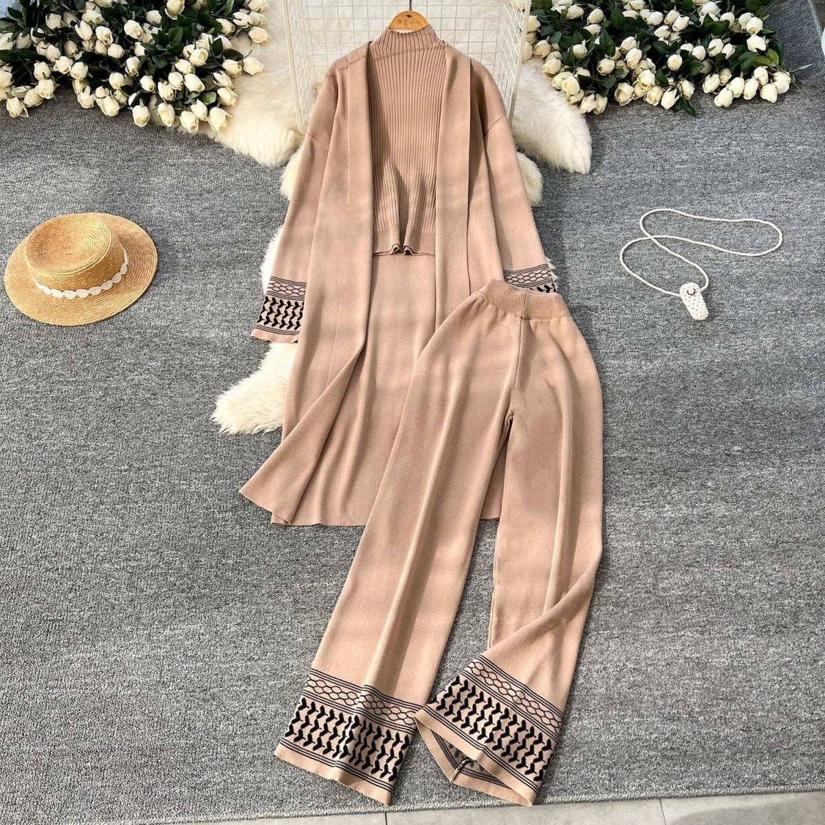 Geometric Jacquard-Trim Ribbed Knit 3-Piece Set(MS471) - Mariam's Collection