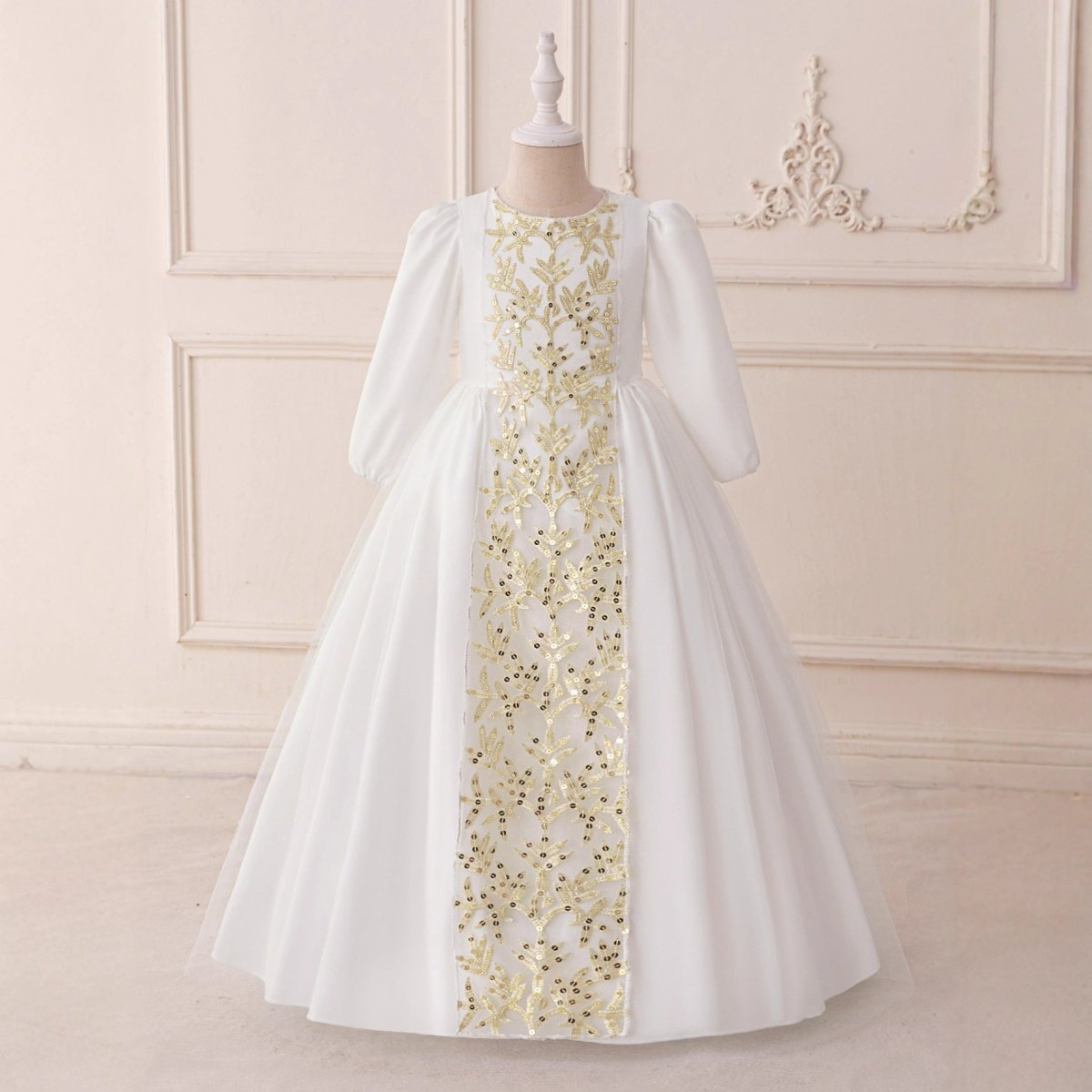 Girls Embroidered Princess Dress with Tulle Overlay(MKG022), White / 6Y/130cm