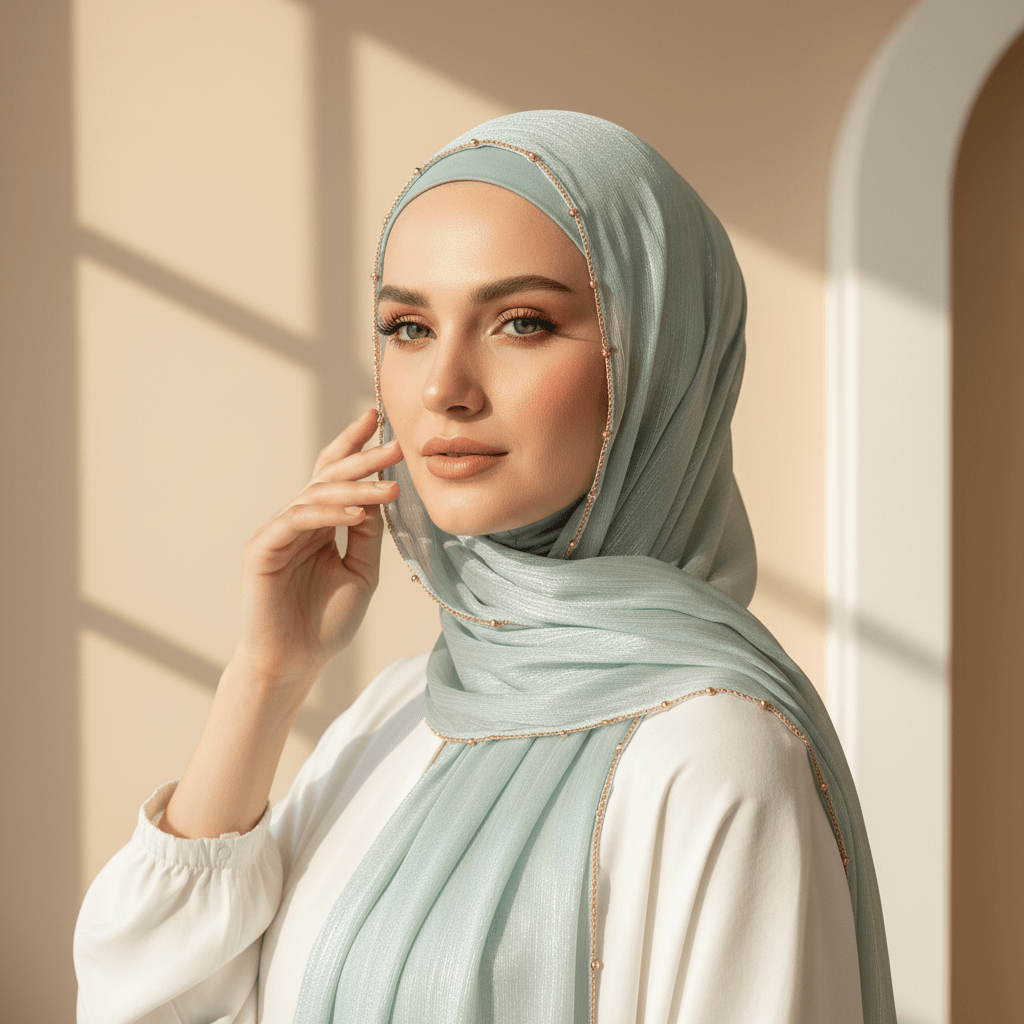 Gold Chain Beaded Satin Hijab – Crinkle Satin Hijab with Bead Trim