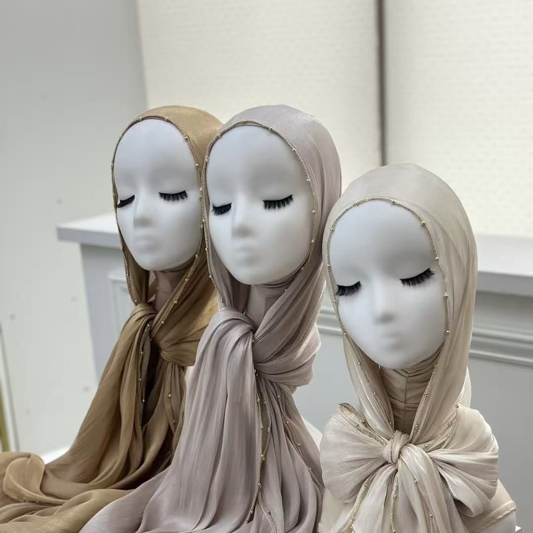 Gold Chain Beaded Satin Hijab – Crinkle Satin Hijab with Bead Trim