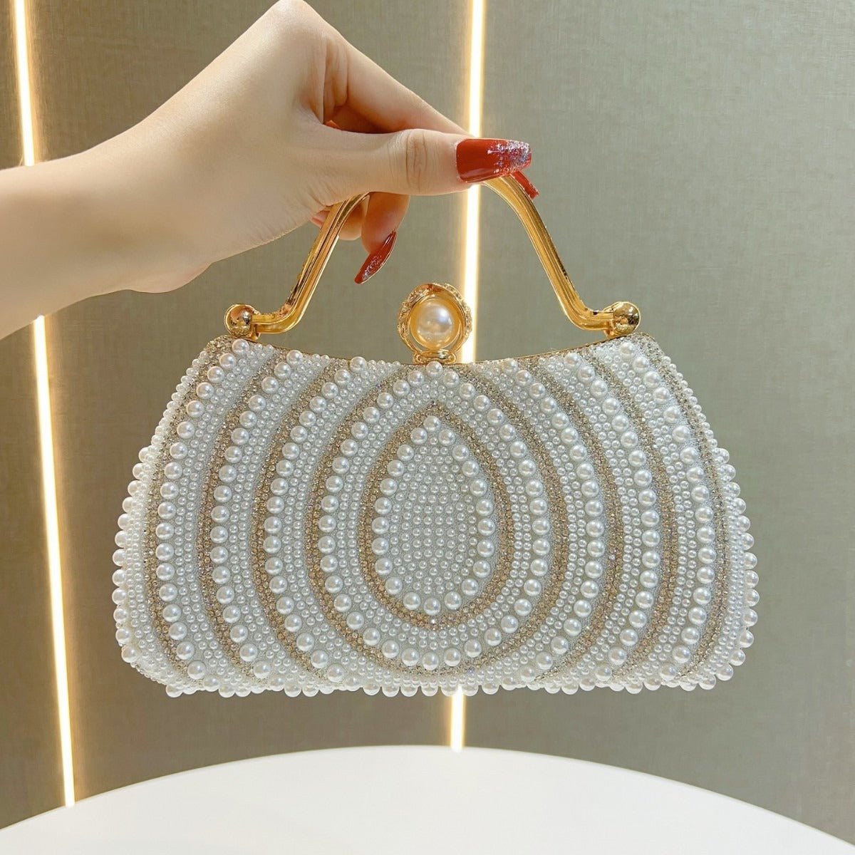 Gold - Framed Diamond Accent Pearl - Encrusted Dinner Bag with Chain Strap. (MAC249) - Mariam's Collection