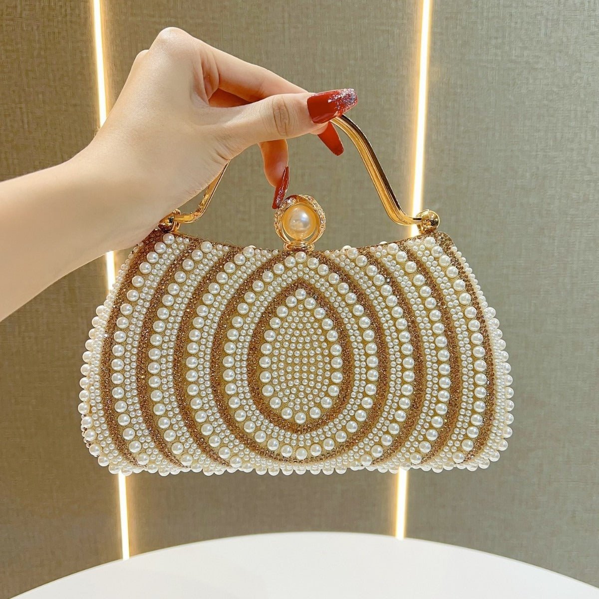 Gold - Framed Diamond Accent Pearl - Encrusted Dinner Bag with Chain Strap. (MAC249) - Mariam's Collection