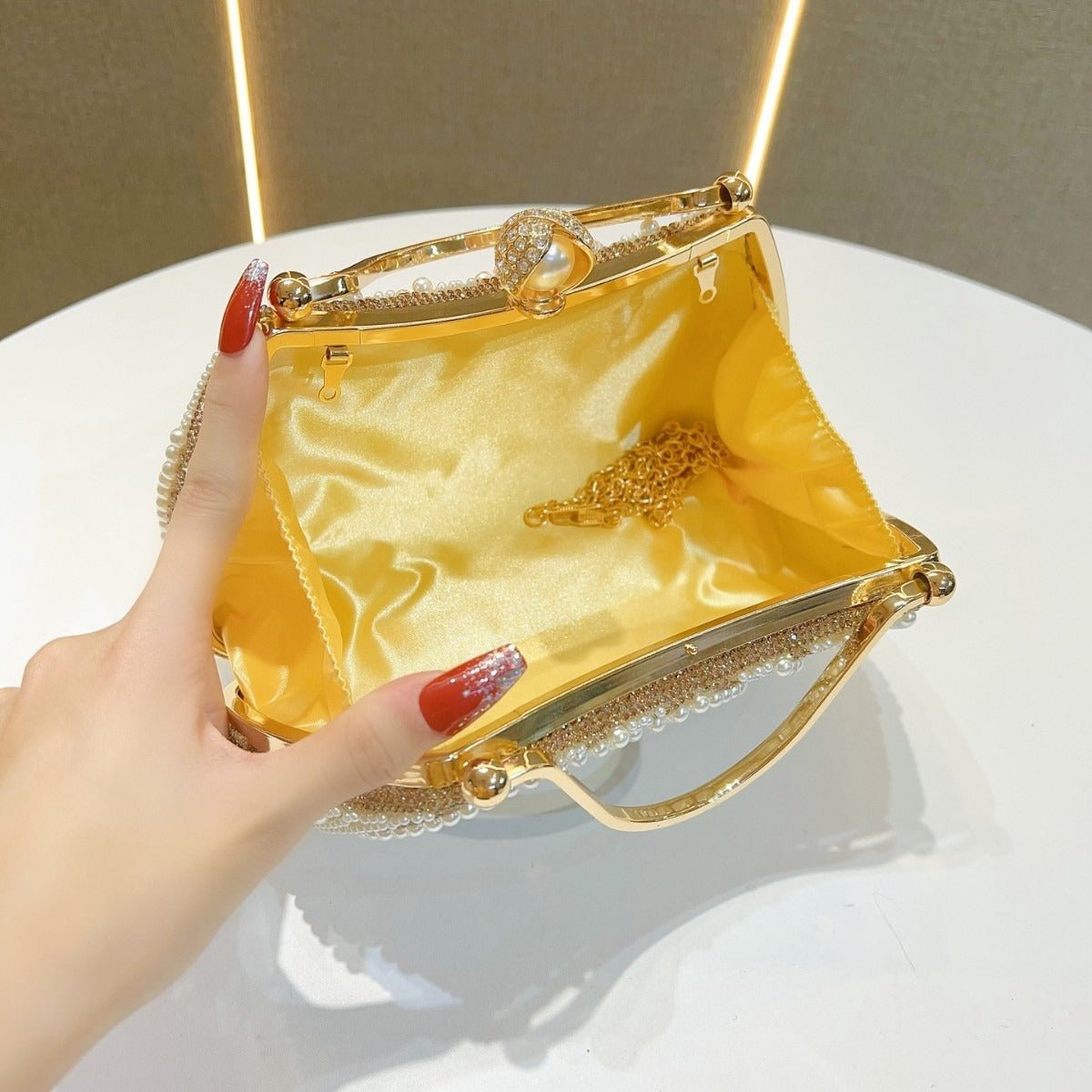 Gold - Framed Diamond Accent Pearl - Encrusted Dinner Bag with Chain Strap. (MAC249) - Mariam's Collection